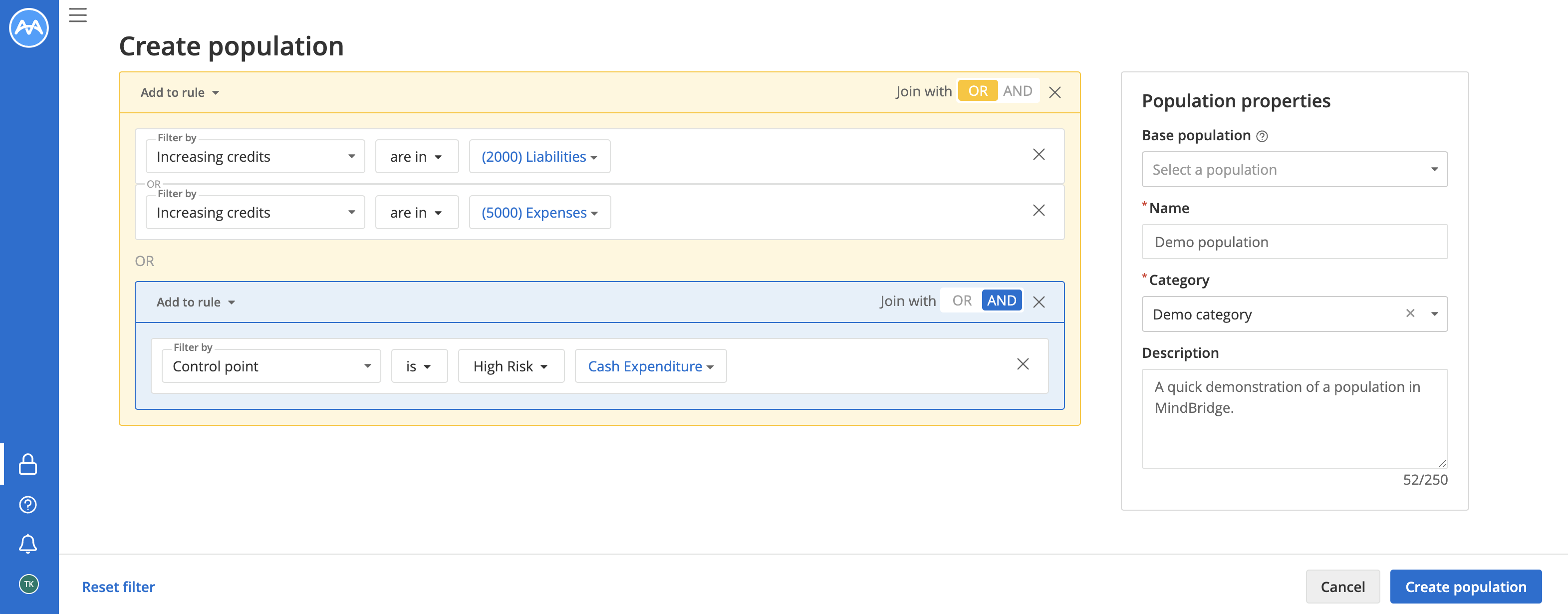 Screenshot showing an example population