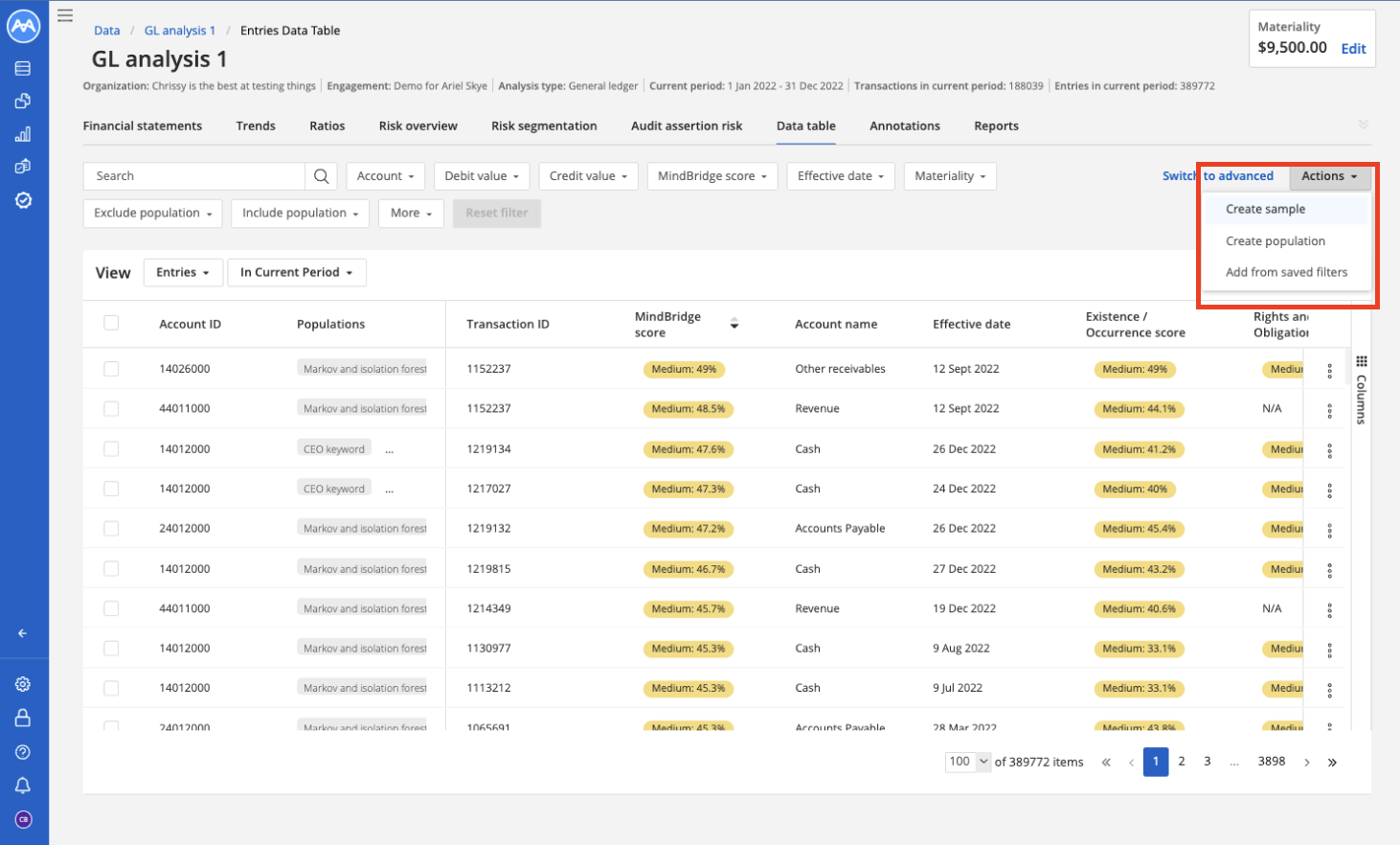 Entries Data Table interface in MindBridge showing GL analysis with filter options and Actions menu expanded to reveal Create sample,Create population, and Add from saved filters