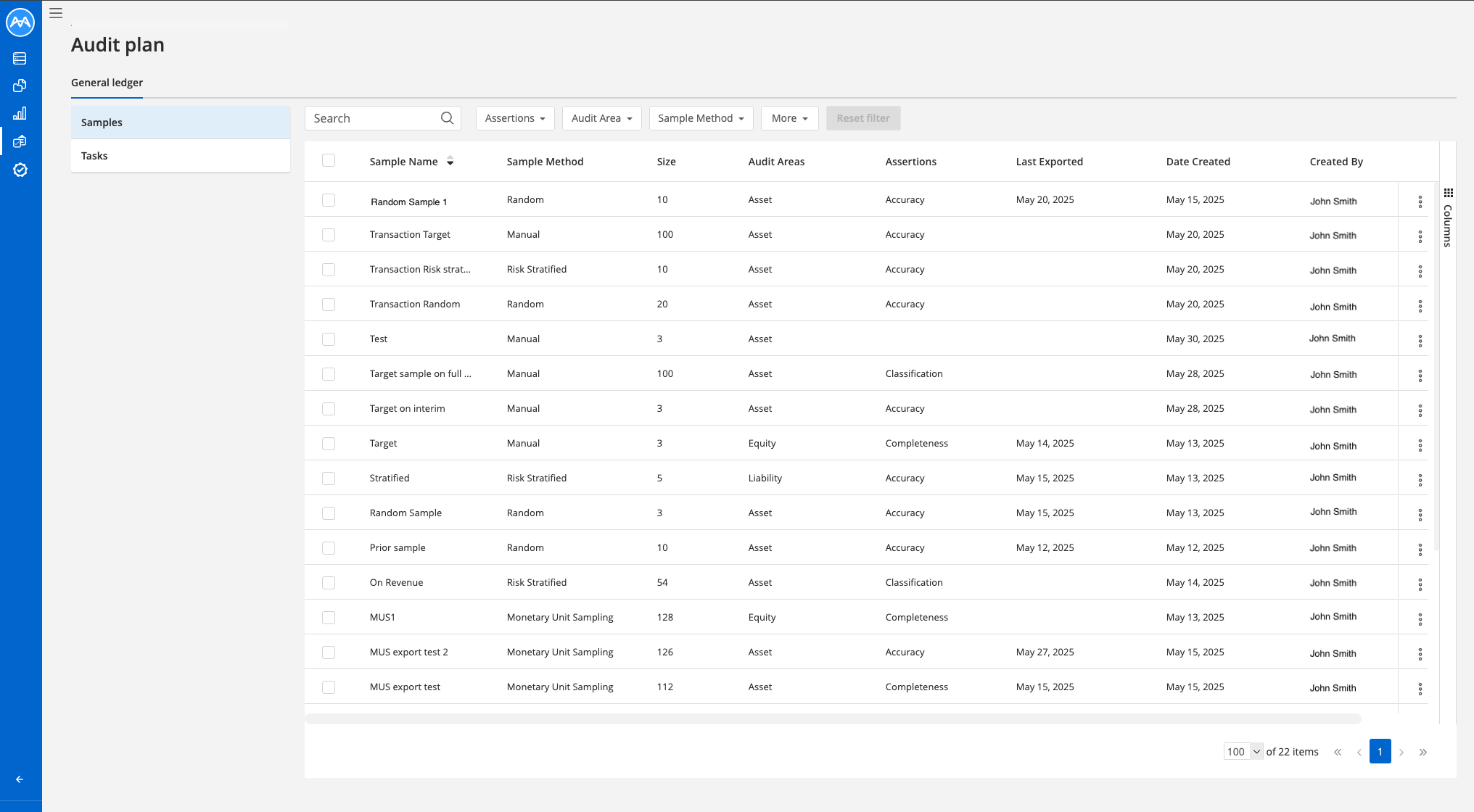 MindBridge Audit plan view showing a list of audit samples under the General Ledger section. The table includes columns for Sample Name, Sample Method, Size, Audit Areas, Assertions, Last Exported, Date Created, and Created By. The selected tab is Samples, and all entries were created by John Smith, with sampling methods like Random, Manual, Risk Stratified, and Monetary Unit Sampling.