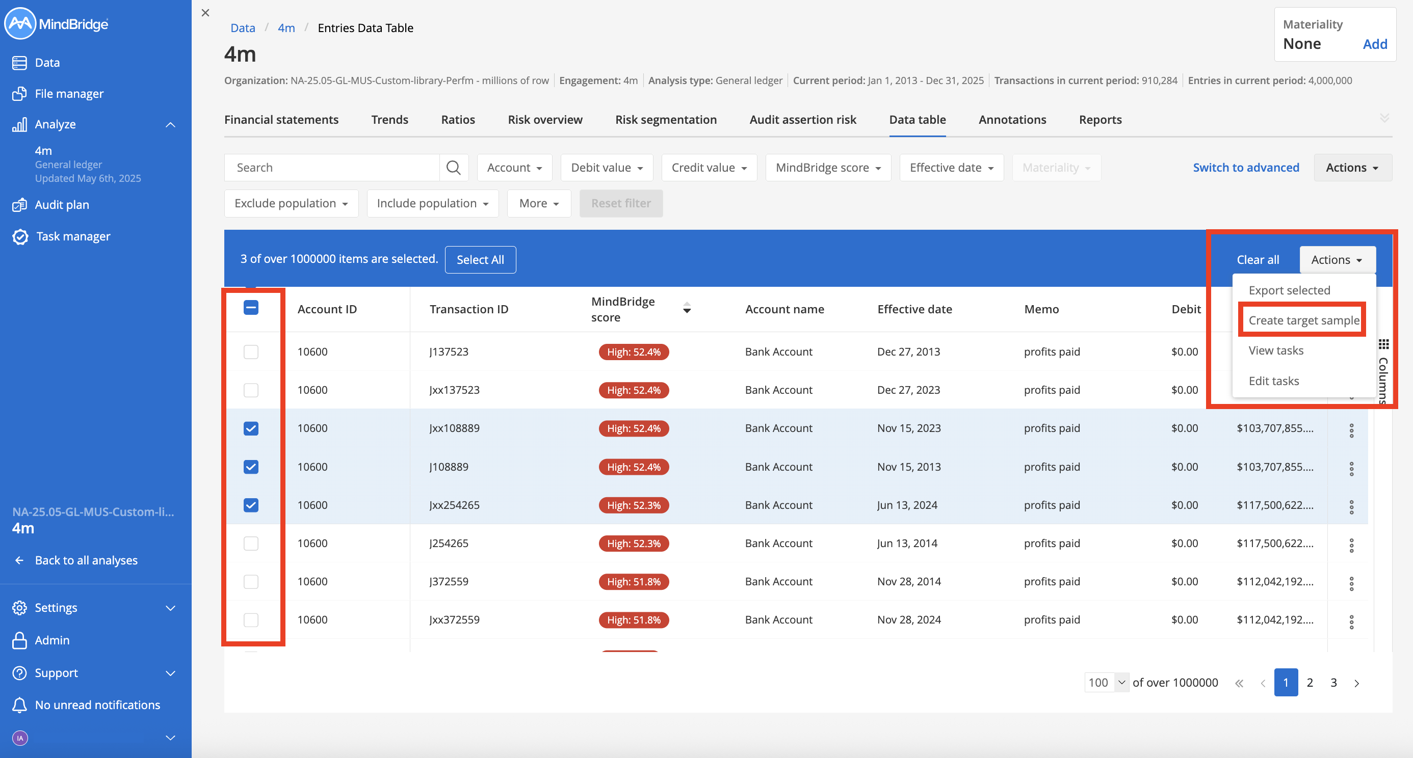 Screenshot of the MindBridge “Entries Data Table” in the “Analyze” section for a general ledger. Three rows are selected, and the “Actions” menu is open, highlighting the “Create target sample” option. A “Clear all” link is also visible.